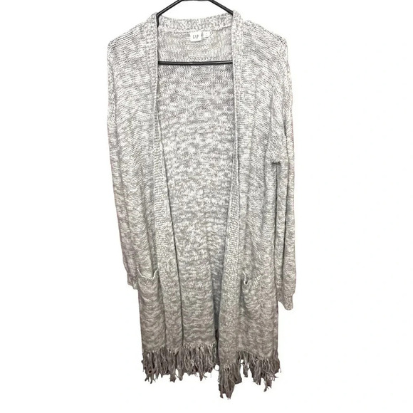 GAP Longline Boho Fringe Open Front Heather Gray Cardigan Sweater - Picture 2 of 11